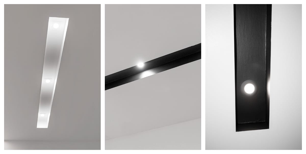 Triptyk av moderna LED-taklampor: vit armatur med cirkulära lampor, svart armaturcentrum, närbild av svart armaturs LED-lampa. Minimalistisk design.