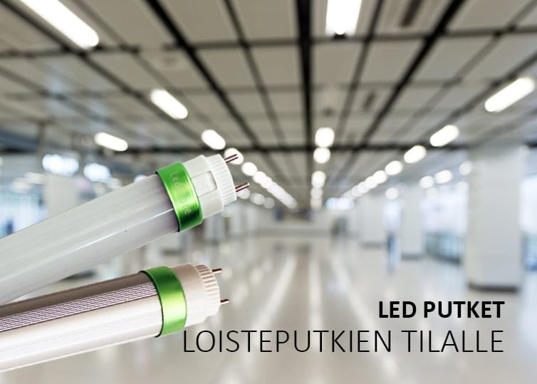 Kaksi LED-putkea, joissa on vihreät korostukset, loistavat kirkkaassa ja avarassa tilassa. Katosta löytyy loisteputkivalaisimia. Suomenkielinen texti kertoo: "LED-putket Loisteputkien Tillalle." Tervetuloa LedStore.fi-verkkokauppaan, josta löydät modernit ja energiatehokkaat ratkaisut valaistuksen päivittämiseen!