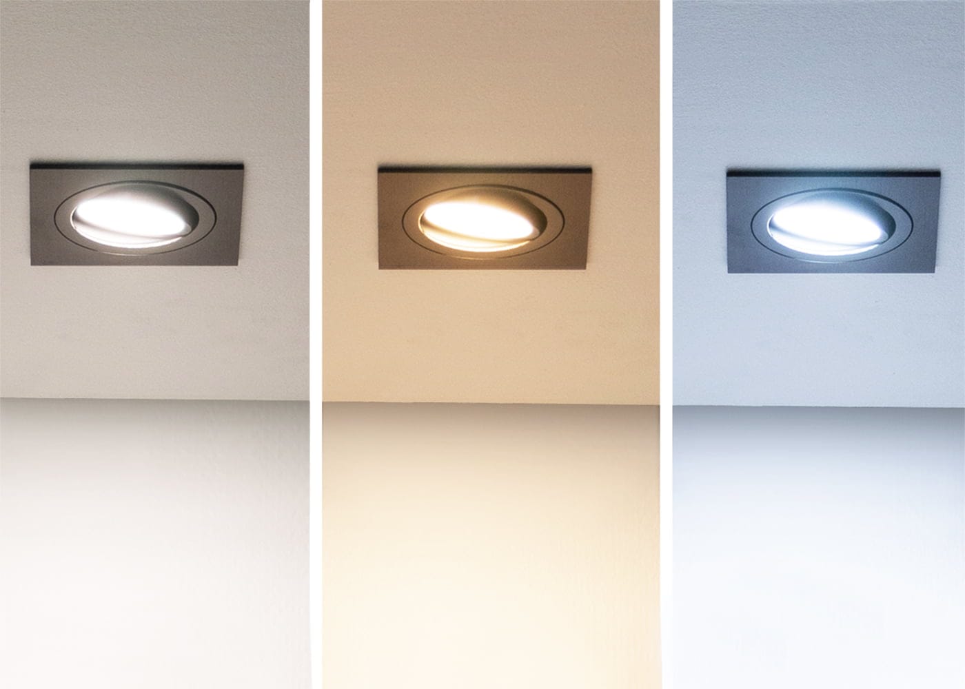 LedStore.fi tarjoaa upeita LED-kattovalaisimia, joissa värien kirjo pääsee oikeuksiinsa: vasemmalla loistaa lämpimän valkoinen sävy, keskellä hehkuu pehmeän keltainen ja oikealla hohtaa viileän valkoinen valo. Jokainen LED-valo på tyylikkäästi upotettu kiiltävän valkoiseen kattoon sulavasti integroituihin design-kehyksiin.