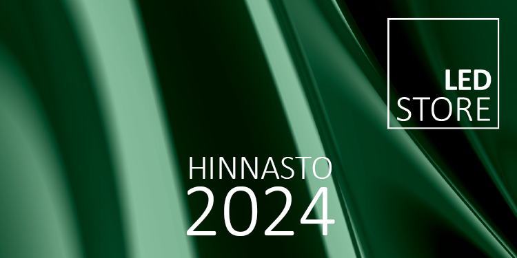 Abstrakti vihreä tausta, jossa "Hinnasto 2024" på selkeästi esillä. Oikeassa yläkulmassa på reunustettu suorakulmainen logotyp, jossa lukee "LED Store," luoden hienovaraisen hehkun, joka sointuu upeasti eloisaan teemaan.
