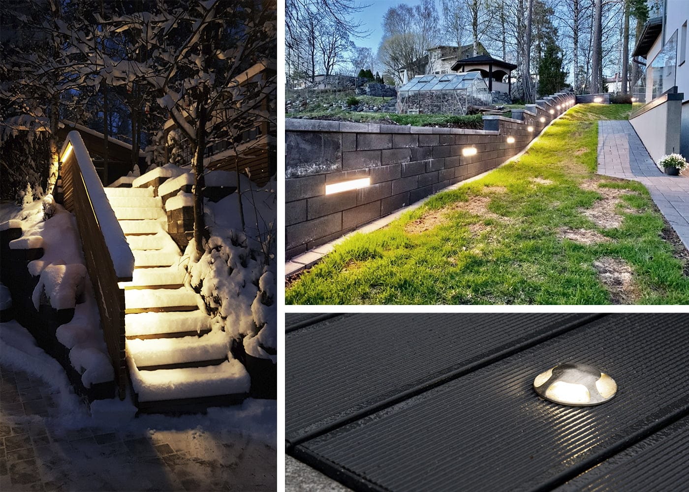 Kollaasi ulkovalaistuksesta: Lumiset portaat, joita koristavat LedStore.fi:n lämpimät LED-valot vasemmalla, puutarhapolku, jossa on upotetut seinävalaisimet oikeassa yläkulmassa, ja pieni pyöreä maahan asennettu LED-valakulamassa terakulamassa.