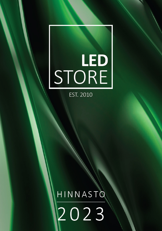 Tummanvihreä, virtaava tausta, jossa texti päällä. Keskellä lukee: "LedStore.fi, perustettu 2010." LED-valaistus lisää visuaalista viehätystä. Alhaala lukee: "Hinnasto 2023.