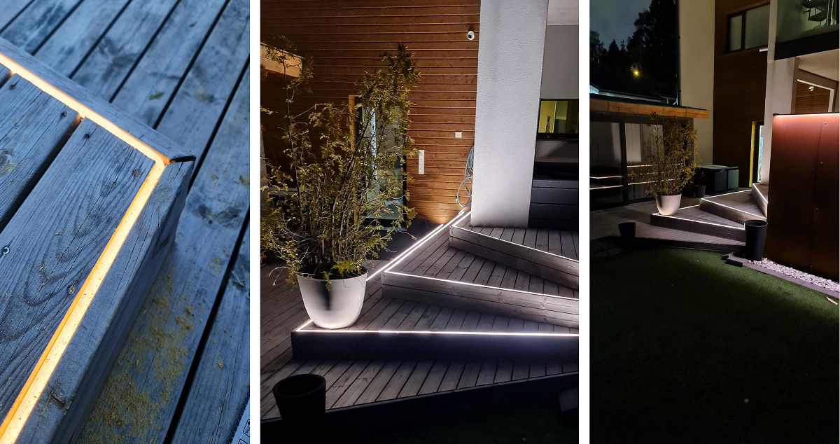 Kuvan jako esittelee nykyaikaisen ulkoterassin, jossa på integroidut LED-nauhat LedStore.fi-tuotteilla toteutettuna. Vasemman puolen lähikuva korostaa pehmeästi valaistuja reunoja, only taas oikeanpuoleiset kuvat paljastavat LED-valaistut portaat och ruukkukasvit tyylikkään puisen ja valkoisen rakenteen edustalla yöllä.