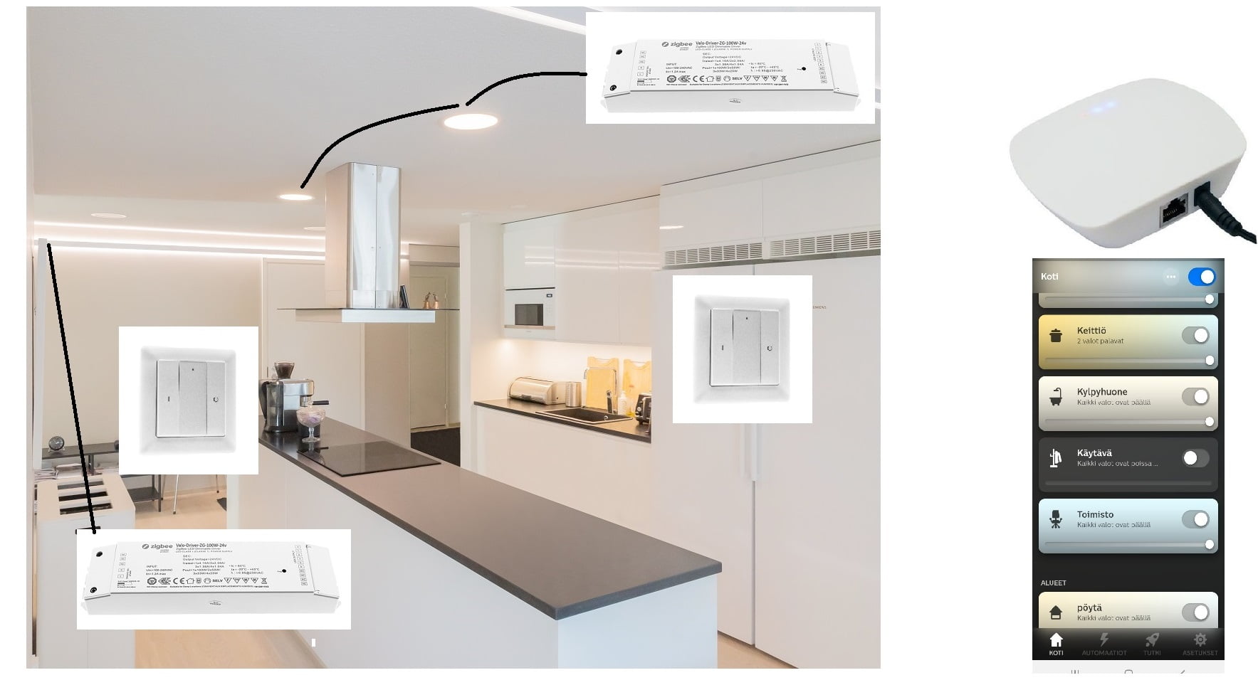 LedStore.fi-verkkokaupassa moderni keittiö saa ilmeensä tyylikkäällä mustalla työtasolla ja valkoisilla kaapistoilla. Älylaitteet integroituvat saumattomasti kodinkoneisiin, kun LED-valaistuksen korostukset luovat miellyttävää tunnelmaa. Oikealla oleva pystypaneeli esittelee digitaaliset säätimet valaistukselle ja muille asetuksille.